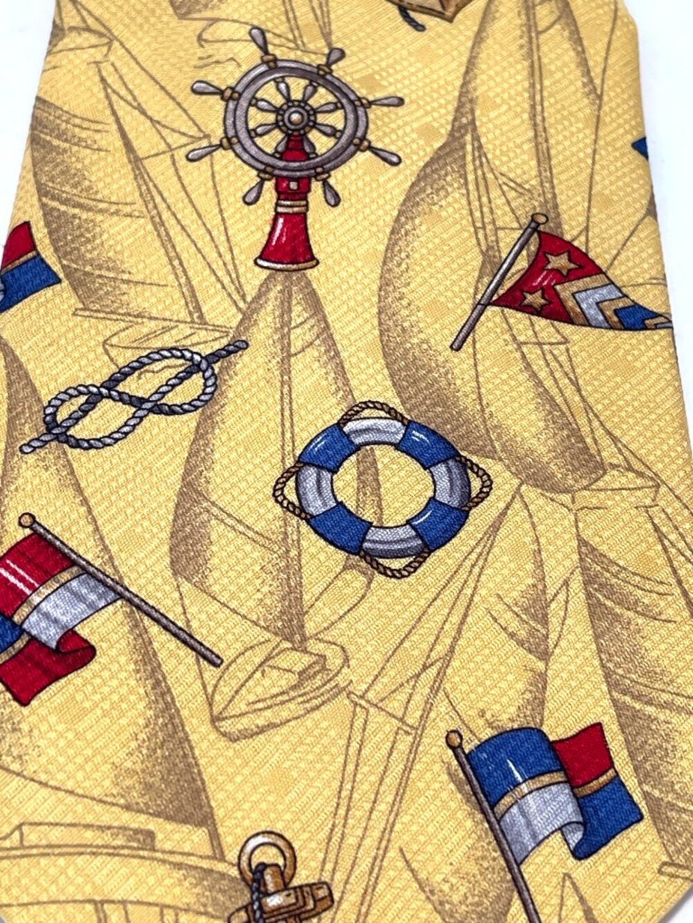 Silk Tie Sport Maritime Yacht Club Nautical Flag Ship Wheel Anchor Yellow VTG - Picture 5 of 10